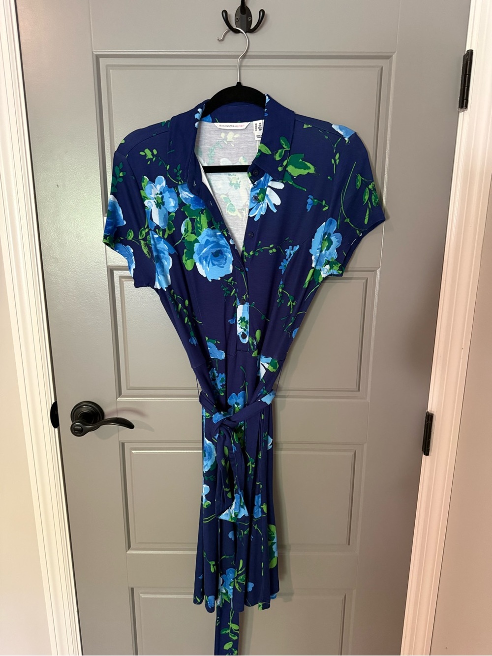 Isaac Mizrahi Navy Blue Floral Button-Front Tie-Waist Dress